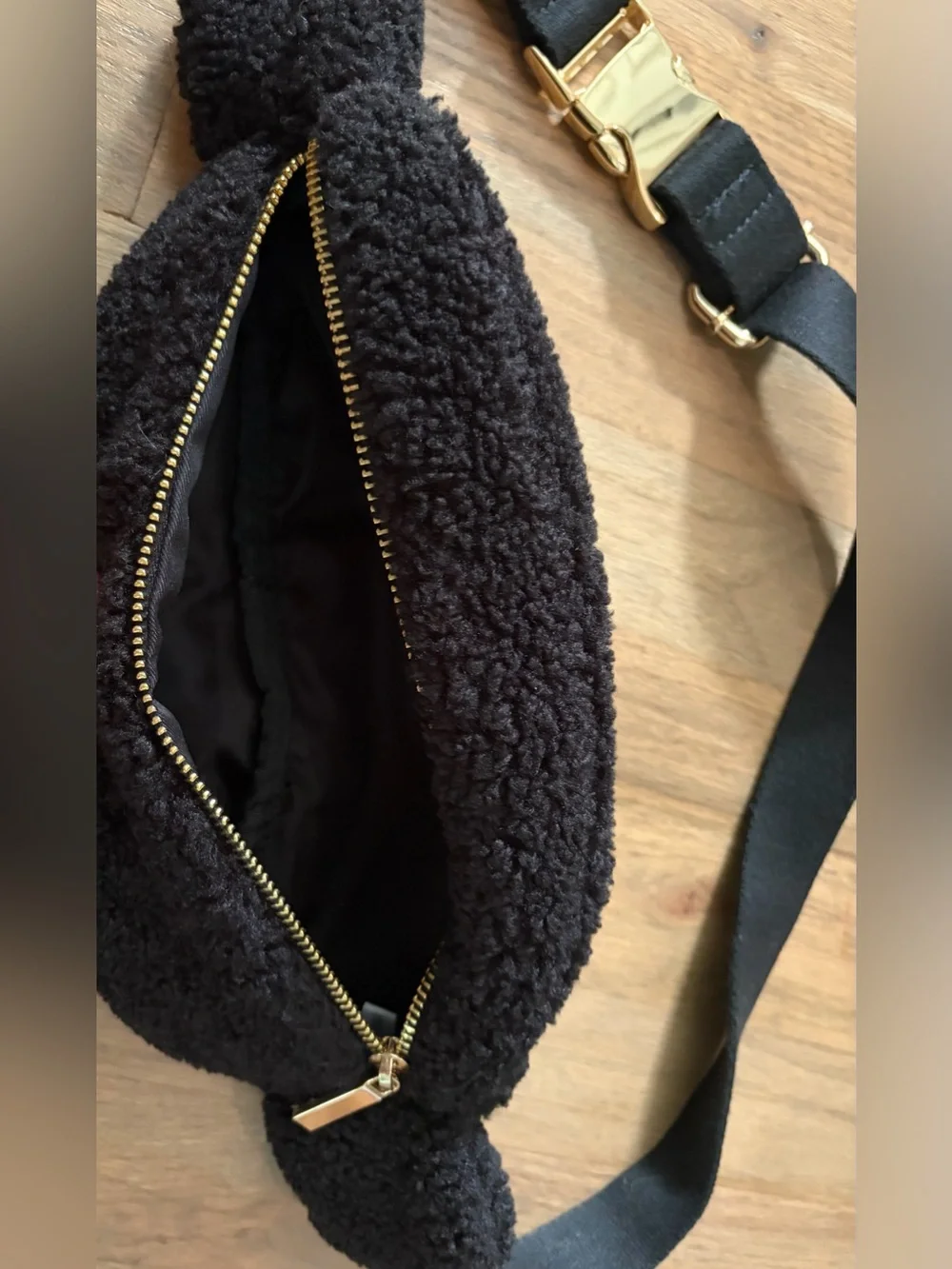 Black Faux Sherpa Fanny Pack with Gold Hardware